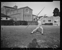 Trojan Tex Milner demonstrates a javelin throw, Los Angeles, 1935