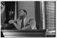 Witness on the stand during the embezzlement trial of Liberty A. Hill, Los Angeles, 1932