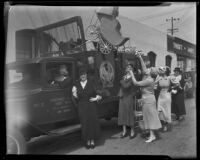 Mrs. Sherman Danby and Mrs. Lou Anger pose with new Assistance League truck, Los Angeles, 1933