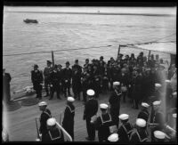 Sailors, military officials and wives aboard a military ship during a visit of Vice-President Charles Curtis, Los Angeles, 1932