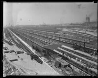 Workers lay tracks at new Union Station terminal, Los Angeles, 1938