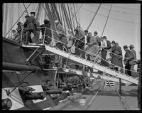 People boarding the USF Constitution, San Pedro, 1933