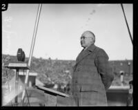 James A. B. Scherer, Director of the Southwest History Museum, speaking at the Coliseum, Los Angeles, probably 1927