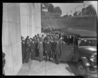 Rosslyn Hotel bus shuttling jury members from the Hall of Justice during the Hickman trial, 1928