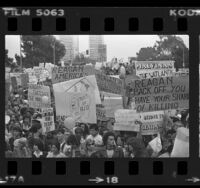 Variety of protesters outside President Ronald Reagan speaking engagement in Los Angeles, Calif