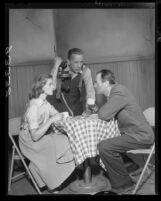 Actors Lauren Bacall, Humphrey Bogart and Henry Fonda in scene from television broadcast play "Petrified Forest", 1955