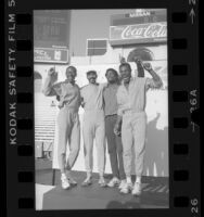 Qualifying hurdlers, Tonie Campbell, Greg Foster, Roger Kingdom, and Milan Stewart at the 1984 Olympic trials in Los Angeles, Calif