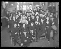 Group portrait of street car men during strike in Los Angeles, Calif., 1934