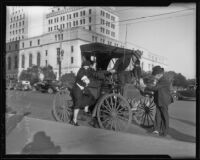 Mrs. F. Lacey, Mr. U. T. Harris and Paul Hubbard's horseless carriage, Los Angeles, 1936