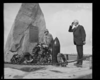 Anita Baldwin and General F.S. Strong at World War I monument, Camp Kearny, San Diego, 1928