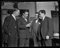 Frank Dewar, Buck Lieuallen, Ed King, and Eugene Biscailuz during the Hickman kidnapping and murder trial, Los Angeles, between 1927 and 1928