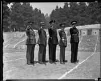 Col. Jesus G. Fuentes, General Gustavo Salinas, Chief James Davis, Lt. Col. Rafael M. Pedrajo, and Col. Miguel de la Vega practice shooting, Elysian Park, 1935