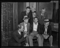 Kenneth Milster confronts kidnappers with Detective Lieutenant Harry R. Maxwell and Bert G. Anderson, Los Angeles, 1935