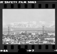 Cityscape with Vincent Thomas Bridge and San Gabriel Mountains, Calif., 1979