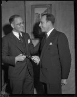 E. R. West welcomes new Junior Chamber of Commerce president Nelson Saunders, Los Angeles, 1935