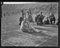 Paavo Nurmi prepares for track meet at the Coliseum, Los Angeles, 1925