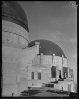 Griffith Observatory, exterior view of the west and central domes the during construction, Los Angeles, circa 1934-1935