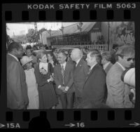 Tom and Ethel Bradley greeting King Hussein and Queen Alia of Jordan in Los Angeles, Calif., 1976