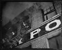 Firefighters battle flames at W. E. Bockmon Pottery and Tile Company, Los Angeles, 1935