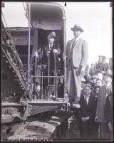 Close-up of Charles H. Fennel and A. G. Arnoll operating a steam shovel, Los Angeles, 1932