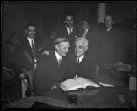 S. S. Hahn, William Gibbs McAdoo, Mattison Jones, Joe Scott, and William H. Neblett celebrate court victory, Los Angeles, 1935