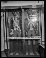 Marine uniforms from 1812 in museum displays on the USF Constitution, San Pedro, 1933