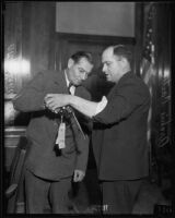 Archie Carter and Attorney Stanley Visel at the witness stand, Los Angeles, 1935