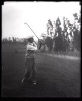 Golfer Vic Dalberto mid swing, Los Angeles, 1920s