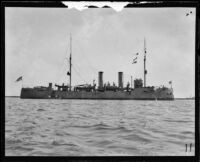 Navy cruiser the USS Baltimore possibly anchored at the Port of Los Angeles, San Pedro, 1920