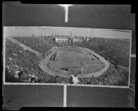 Panorama of crowd at Notre Dame vs. USC game at the Coliseum, Los Angeles, 1938