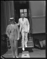 Runner Glenn Cunningham and his coach H.W. "Bill" Hargiss unboarding the Chief, Los Angeles, 1934