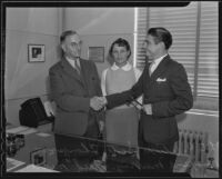 President Oliver Scott Thompson with Compton Junior College students Fred Miller and Maxine Murray, Compton, 1935