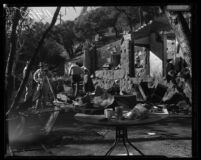 Police question sect members behind an image of the deceased leader Krishna Venta in the ruins of the headquarters of Fountain of the World. 1958