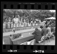 Los Angeles policewomen, lined up on stage during "Miss Fuzz of 1972" beauty contest in Los Angeles, Calif