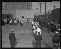 Clergymen gather for dean William MacCormack's funeral at St. Paul Cathedral, Los Angeles, 1926