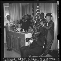 Ben Pollock, Kid Ory, Emma Barrett, Johnny St. Cyr, Louis Armstrong, and Sharkey Bonano performing at Hollywood Knickerbocker in 1961