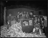 Automobile in brick rubble after the Long Beach earth quake, Southern California, 1933