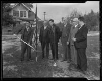 Mayor Glenn Evans, E. P. Higgins, John Staruch, R. K. Johnson, R. G. Knox, and Amos Dubois at post office groundbreaking ceremony, San Gabriel, 1936