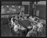 Students in the classroom on the first day back to school, Montebello, 1935