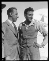 Captain C.B.D. Collyer and Harry Tucker with the monoplane Yankee Doodle, Los Angeles, 1928