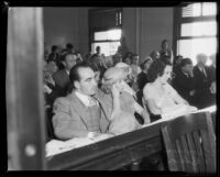 Norman Burgess, Mildred Irwin, and Edna Henke at the inquest in the death of 24-year-old Robert L. Moody, Santa Monica, 1933