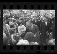 New York Governor Nelson Rockefeller surrounded by students during visit to USC, Los Angeles, Calif., 1964