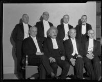 Albert Einstein at Caltech tribute dinner with James R. Page, Russell H. Ballard, Allan C. Balch, Dr. R. C. Tolman, Dr. Robert A. Millikan, Jacob Gould Schurman, and Charles A. Beard, Pasadena, 1932