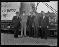 Nat Hudson, F. G. Pease, Fred Phillips, R. A. Podlech, and H. A. Sugar with giant lens, San Bernardino, 1936