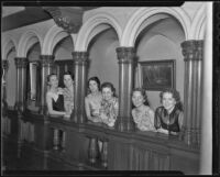 Albertina Rodi, Mrs. Martin Askey, Aileen Dougher, Maggie Palmer, Elizabeth Scattergood and Marjorie Martin at Ebell Club event, Los Angeles, 1936