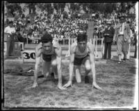 Ralph Hill and another Olympic Club team athlete at a track meet with USC, Los Angeles, 1932