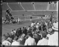 Runners race to the finish line during the S.C. and Stanford dual track meet, Los Angeles, 1934