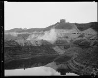 Barrier construction at Mulholland Dam, Hollywood (Los Angeles), 1933