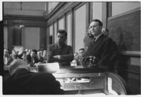 Robert S. James, convicted in Lois Wright morals case and suspect in Mary Emma James murder case, at sentencing, with lawyer Samuel Silverman, Los Angeles, 1936