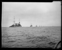 Nine battleships along the coast in formation during the annual Navy Fleet Parade, Southern California, 1932